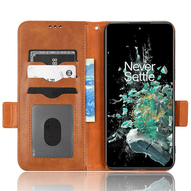 For OnePlus 10T 5G / Ace Pro 5G Triangle Pattern Imprinted Phone Case Foldable Stand Scratch-resistant PU Leather Wallet Cover with Strap - Brown