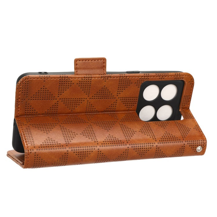For OnePlus 10T 5G / Ace Pro 5G Triangle Pattern Imprinted Phone Case Foldable Stand Scratch-resistant PU Leather Wallet Cover with Strap - Brown