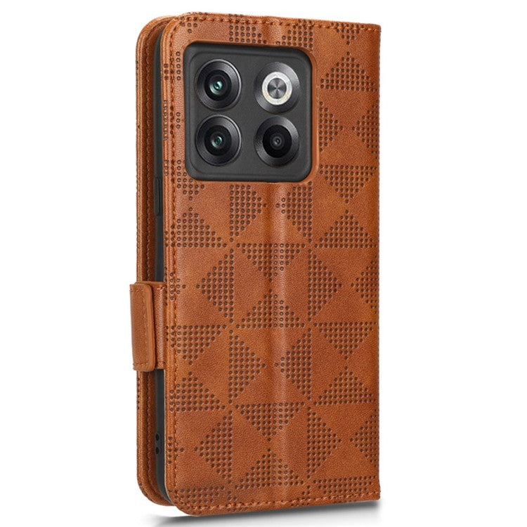 For OnePlus 10T 5G / Ace Pro 5G Triangle Pattern Imprinted Phone Case Foldable Stand Scratch-resistant PU Leather Wallet Cover with Strap - Brown