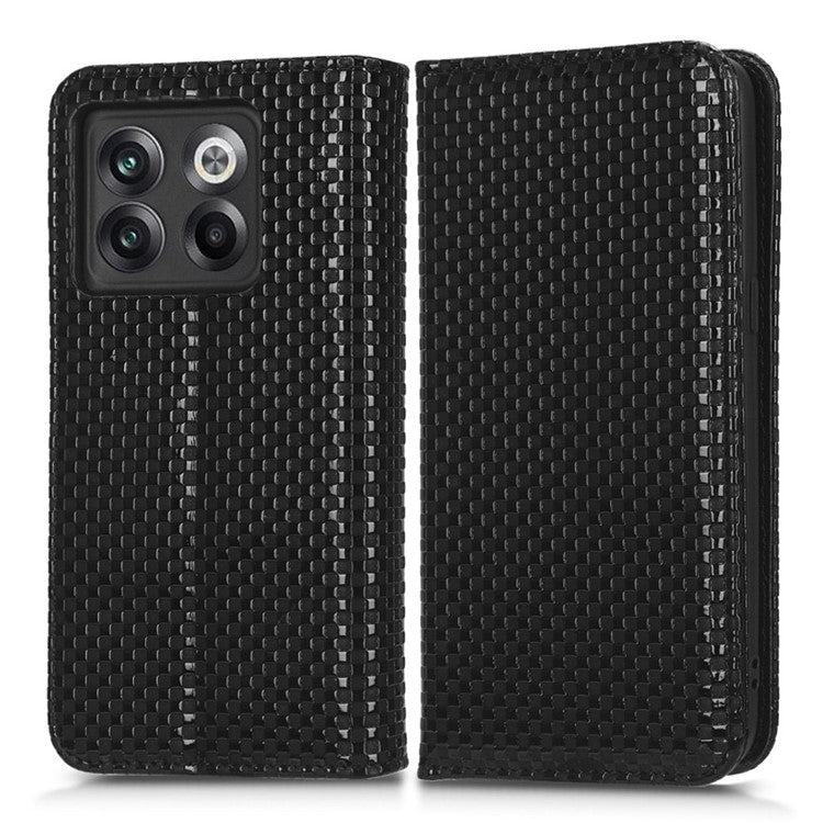 Phone Flip Wallet Cover for OnePlus 10T 5G / Ace Pro 5G, Grid Texture PU Leather Stand Case Magnetic Auto-absorbed Protective Shell - Black