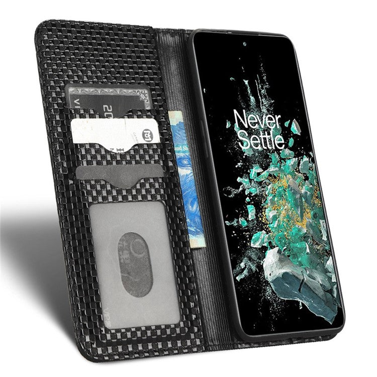 Phone Flip Wallet Cover for OnePlus 10T 5G / Ace Pro 5G, Grid Texture PU Leather Stand Case Magnetic Auto-absorbed Protective Shell - Black