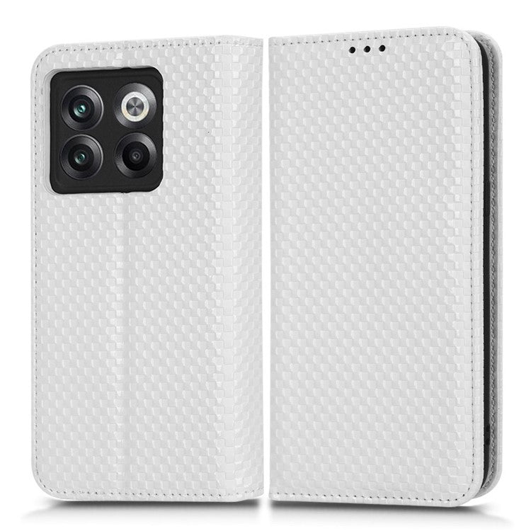 Phone Flip Wallet Cover for OnePlus 10T 5G / Ace Pro 5G, Grid Texture PU Leather Stand Case Magnetic Auto-absorbed Protective Shell - White