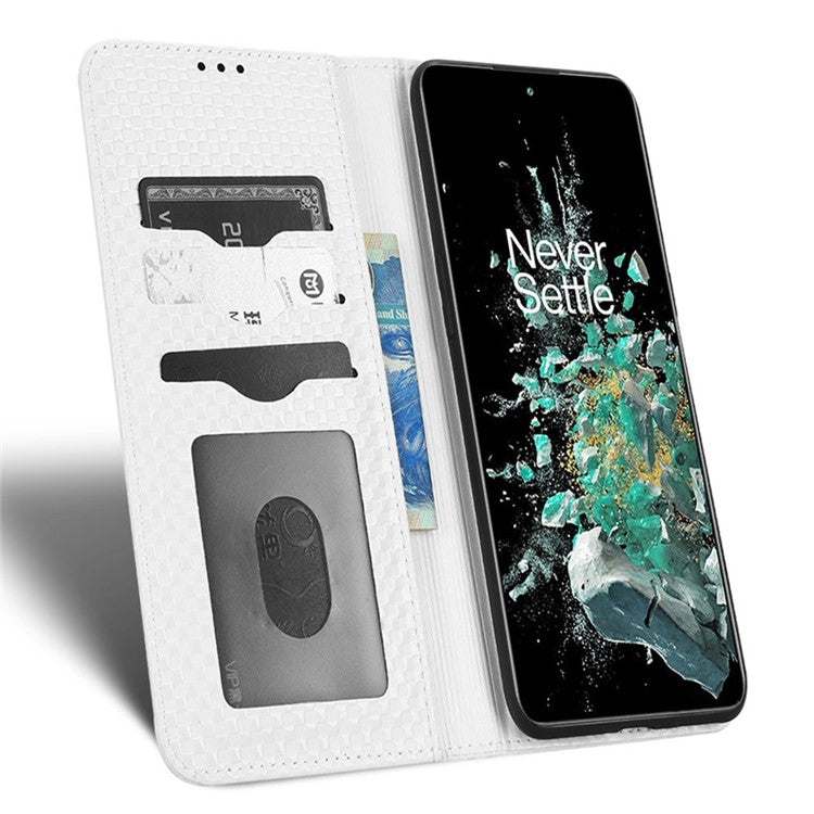 Phone Flip Wallet Cover for OnePlus 10T 5G / Ace Pro 5G, Grid Texture PU Leather Stand Case Magnetic Auto-absorbed Protective Shell - White