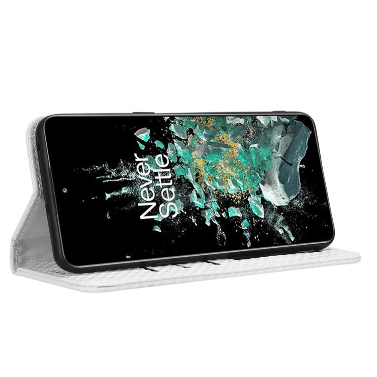 Phone Flip Wallet Cover for OnePlus 10T 5G / Ace Pro 5G, Grid Texture PU Leather Stand Case Magnetic Auto-absorbed Protective Shell - White