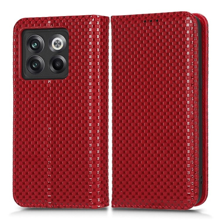 Phone Flip Wallet Cover for OnePlus 10T 5G / Ace Pro 5G, Grid Texture PU Leather Stand Case Magnetic Auto-absorbed Protective Shell - Wine Red