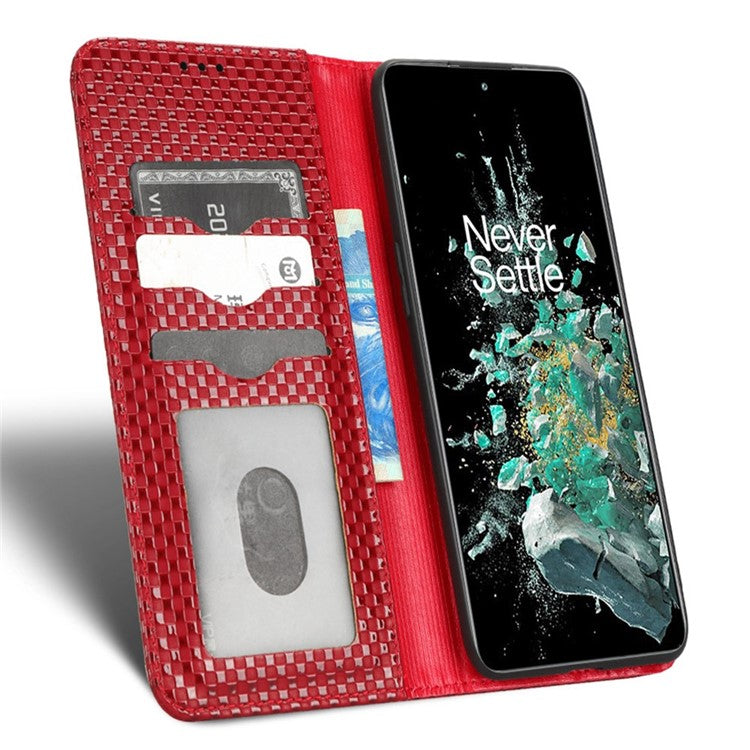 Phone Flip Wallet Cover for OnePlus 10T 5G / Ace Pro 5G, Grid Texture PU Leather Stand Case Magnetic Auto-absorbed Protective Shell - Wine Red