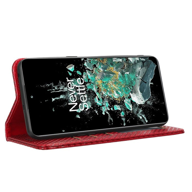 Phone Flip Wallet Cover for OnePlus 10T 5G / Ace Pro 5G, Grid Texture PU Leather Stand Case Magnetic Auto-absorbed Protective Shell - Wine Red