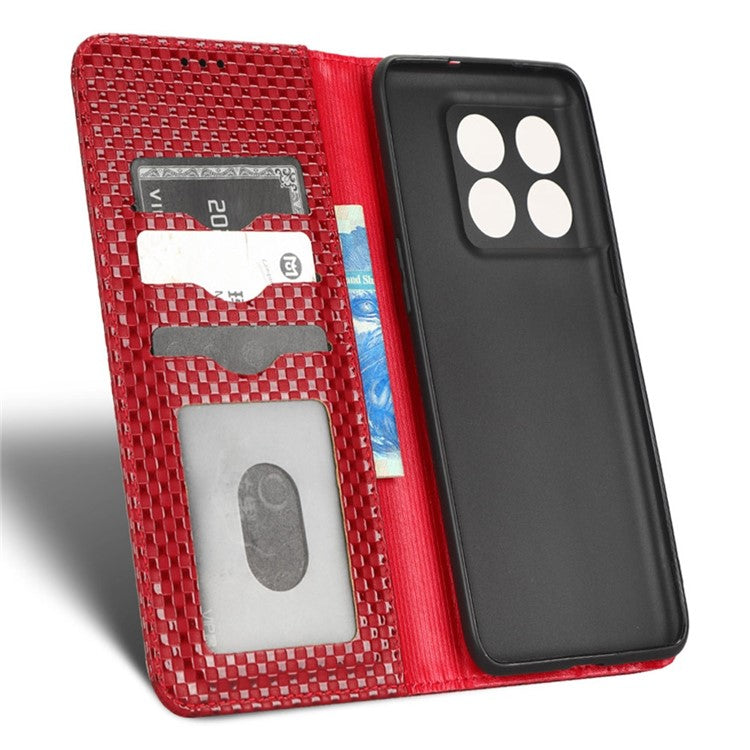 Phone Flip Wallet Cover for OnePlus 10T 5G / Ace Pro 5G, Grid Texture PU Leather Stand Case Magnetic Auto-absorbed Protective Shell - Wine Red