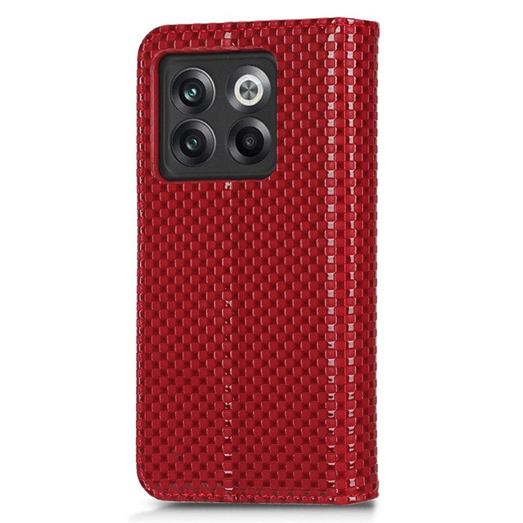 Phone Flip Wallet Cover for OnePlus 10T 5G / Ace Pro 5G, Grid Texture PU Leather Stand Case Magnetic Auto-absorbed Protective Shell - Wine Red
