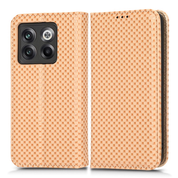 Phone Flip Wallet Cover for OnePlus 10T 5G / Ace Pro 5G, Grid Texture PU Leather Stand Case Magnetic Auto-absorbed Protective Shell - Beige