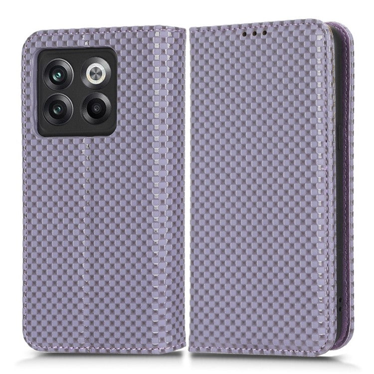 Phone Flip Wallet Cover for OnePlus 10T 5G / Ace Pro 5G, Grid Texture PU Leather Stand Case Magnetic Auto-absorbed Protective Shell - Light Purple