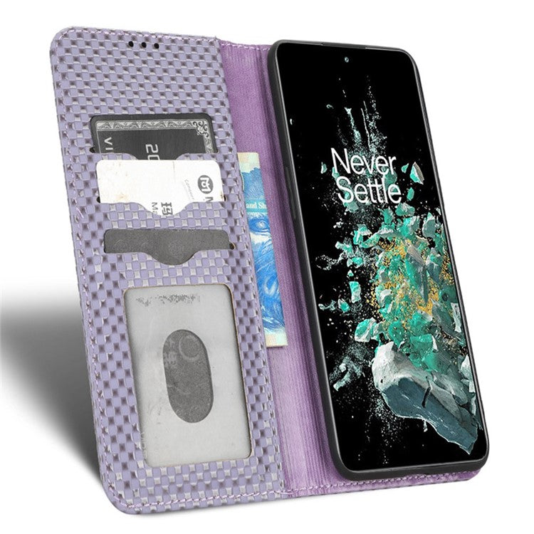 Phone Flip Wallet Cover for OnePlus 10T 5G / Ace Pro 5G, Grid Texture PU Leather Stand Case Magnetic Auto-absorbed Protective Shell - Light Purple