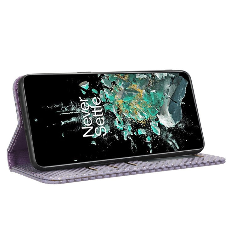 Phone Flip Wallet Cover for OnePlus 10T 5G / Ace Pro 5G, Grid Texture PU Leather Stand Case Magnetic Auto-absorbed Protective Shell - Light Purple
