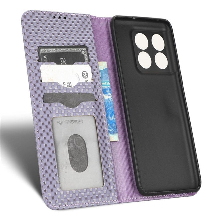Phone Flip Wallet Cover for OnePlus 10T 5G / Ace Pro 5G, Grid Texture PU Leather Stand Case Magnetic Auto-absorbed Protective Shell - Light Purple