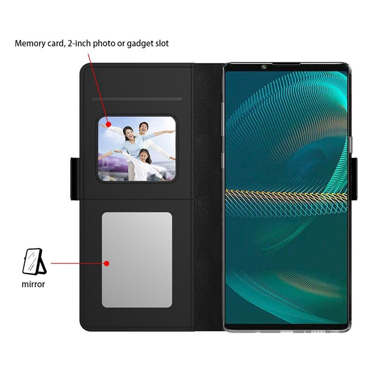 For Sony Xperia 5 II Stand Card Holder Function Phone Case Anti-wear PU Leather+TPU Magnetic Cover with Makeup Mirror - Black