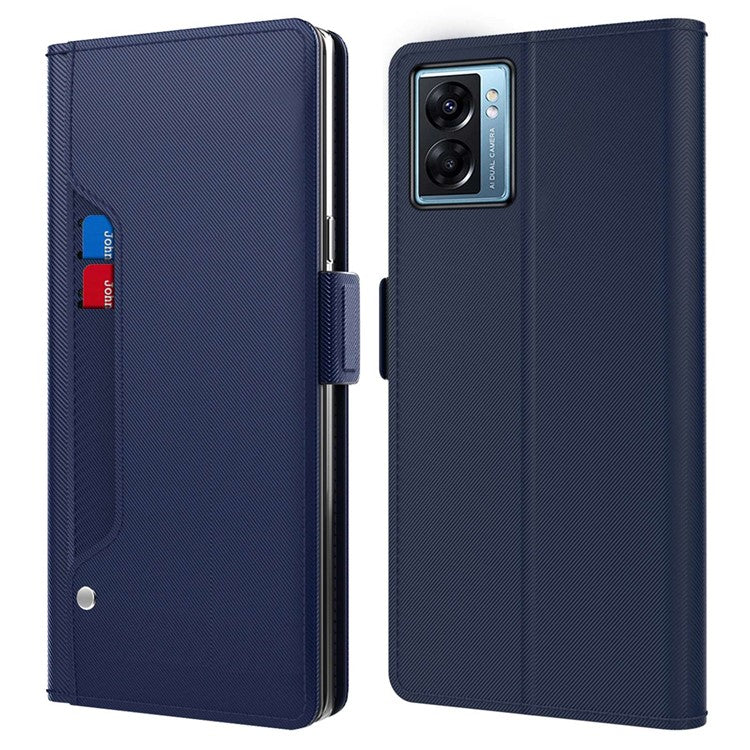 PU Leather Case for Oppo A77 5G / A57 (2022) 5G, Mirror Function Magnetic Clasp Phone Cover with Card Slots and Stand - Blue