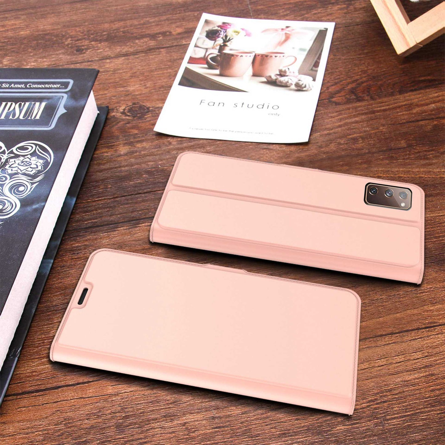 For Samsung Galaxy S20 FE 4G / FE 5G / S20 Lite / S20 FE 2022 PU Leather Flip Cover Card Slot Magnetic Closure Stand Folio Phone Case - Rose Gold
