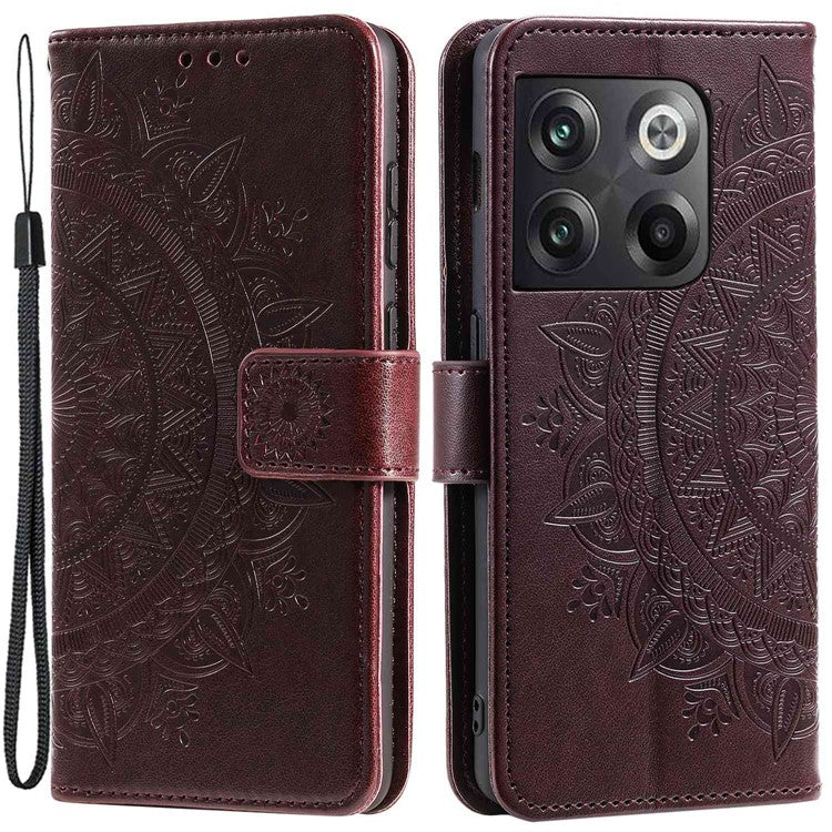 For OnePlus Ace Pro 5G / 10T 5G Shockproof Mandala Flower Pattern Imprinted Phone Case PU Leather Flip Wallet Stand Cover - Brown