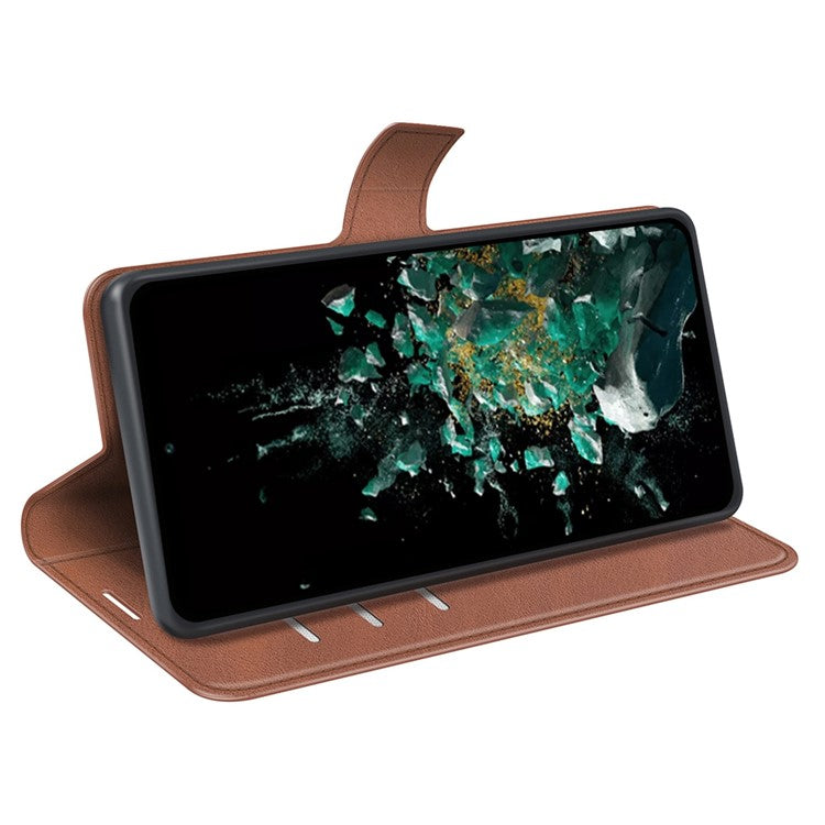 For OnePlus Ace Pro 5G / 10T 5G Square Magnetic Clasp Folio Flip Textured PU Leather Cover Inner TPU Phone Case with Wallet Stand - Light Brown