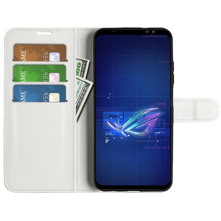 For Asus ROG Phone 6 5G Anti-wear Litchi Texture Flip Phone Case Well-protected PU Leather Wallet Stand Feature Cover - White