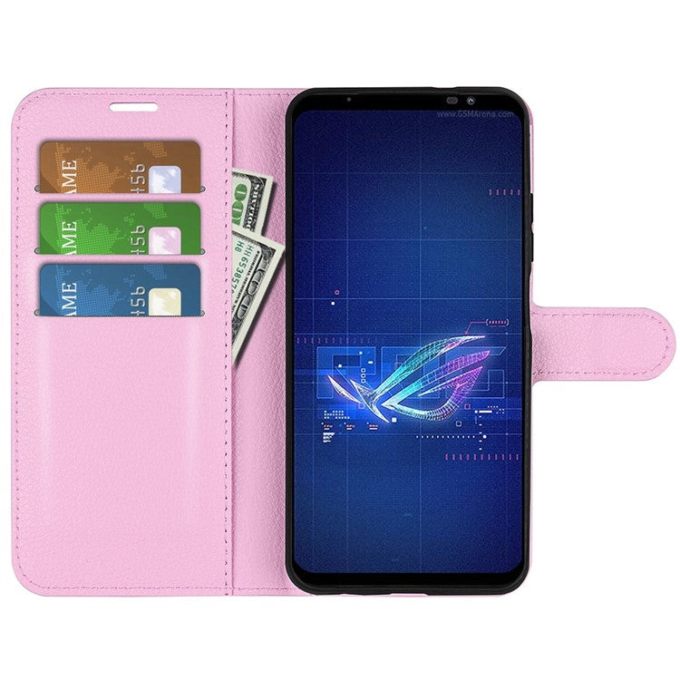 For Asus ROG Phone 6 5G Anti-wear Litchi Texture Flip Phone Case Well-protected PU Leather Wallet Stand Feature Cover - Pink