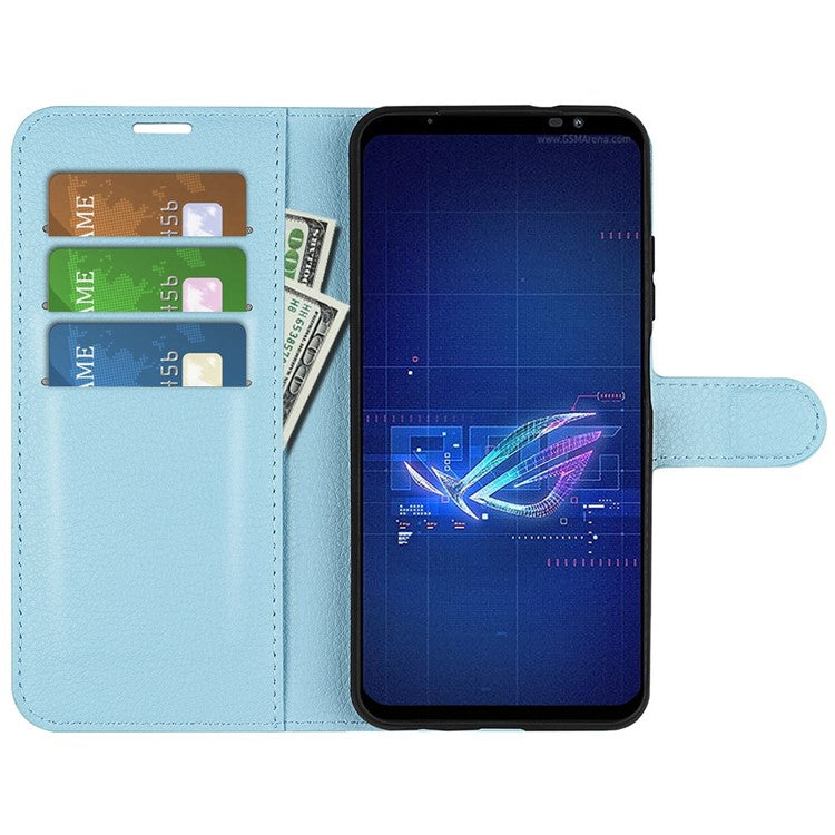 For Asus ROG Phone 6 5G Anti-wear Litchi Texture Flip Phone Case Well-protected PU Leather Wallet Stand Feature Cover - Blue