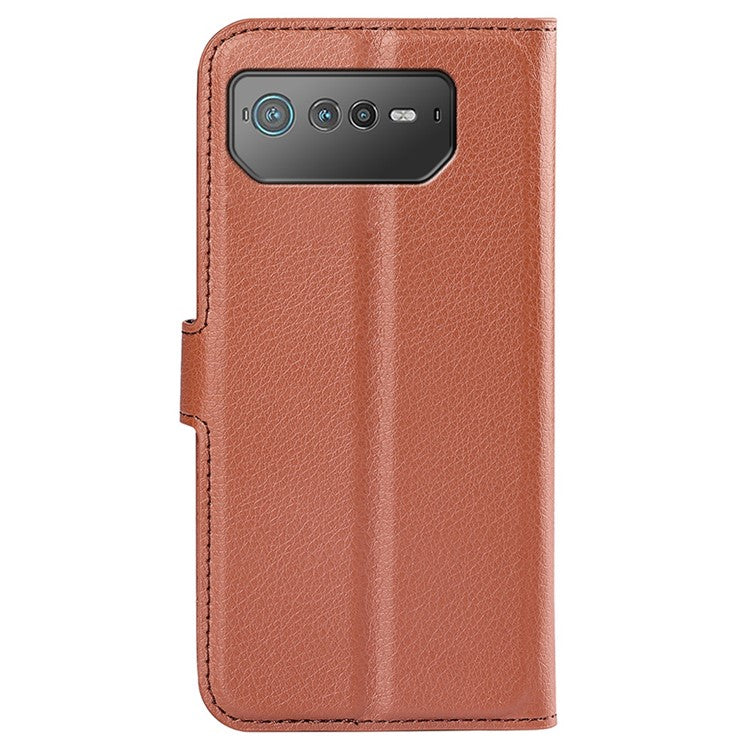 For Asus ROG Phone 6 5G Anti-wear Litchi Texture Flip Phone Case Well-protected PU Leather Wallet Stand Feature Cover - Brown