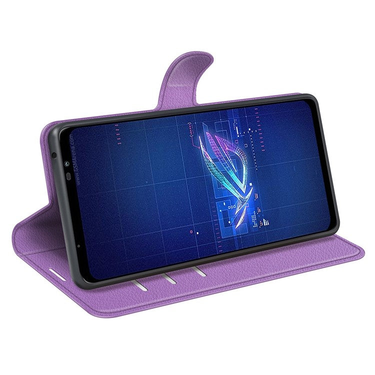 For Asus ROG Phone 6 5G Anti-wear Litchi Texture Flip Phone Case Well-protected PU Leather Wallet Stand Feature Cover - Purple