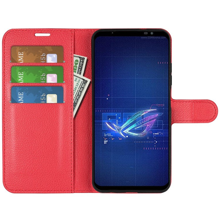 For Asus ROG Phone 6 5G Anti-wear Litchi Texture Flip Phone Case Well-protected PU Leather Wallet Stand Feature Cover - Red