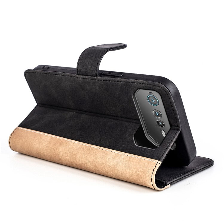 For Asus ROG Phone 6 5G Color Splicing PU Leather Stand Case Magnetic Clasp Wallet Phone Cover - Black