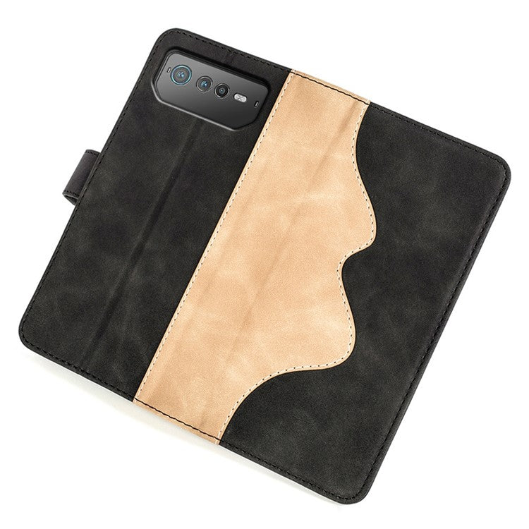 For Asus ROG Phone 6 5G Color Splicing PU Leather Stand Case Magnetic Clasp Wallet Phone Cover - Black