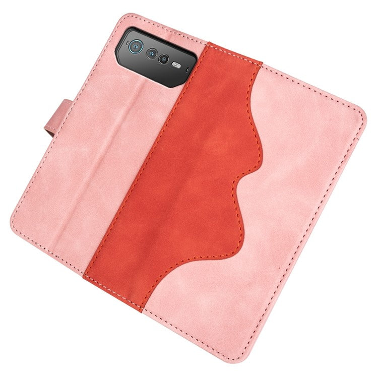 For Asus ROG Phone 6 5G Color Splicing PU Leather Stand Case Magnetic Clasp Wallet Phone Cover - Pink