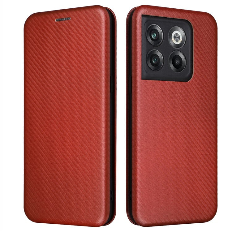 For OnePlus 10T 5G / Ace Pro 5G Carbon Fiber Texture Smartphone Case PU Leather Magnetic Auto-absorbed Stand Card Holder Function Phone Shell - Brown