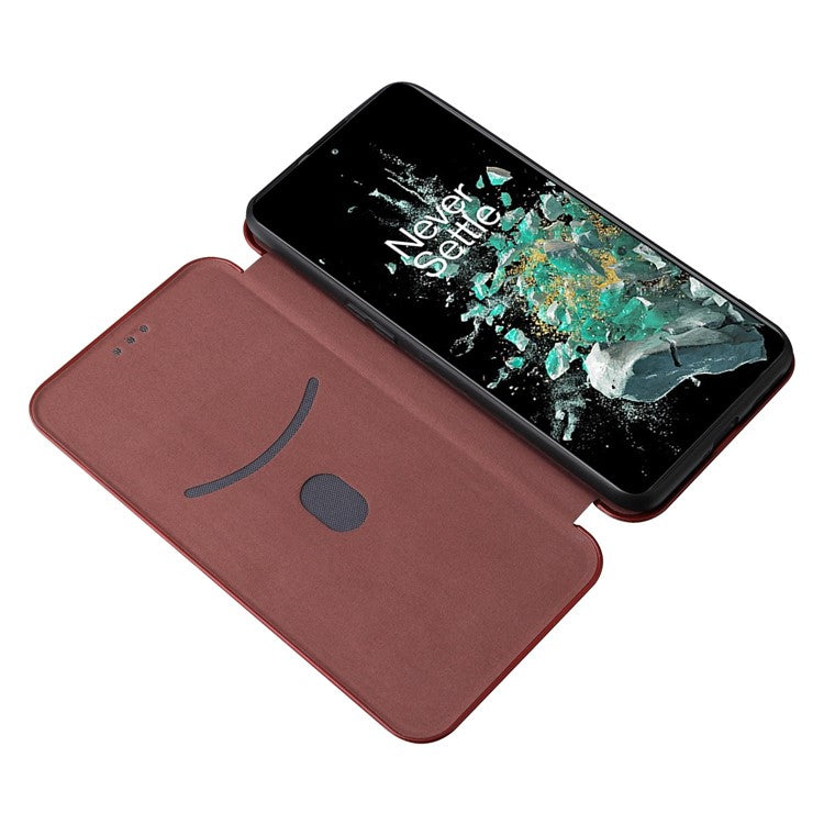 For OnePlus 10T 5G / Ace Pro 5G Carbon Fiber Texture Smartphone Case PU Leather Magnetic Auto-absorbed Stand Card Holder Function Phone Shell - Brown
