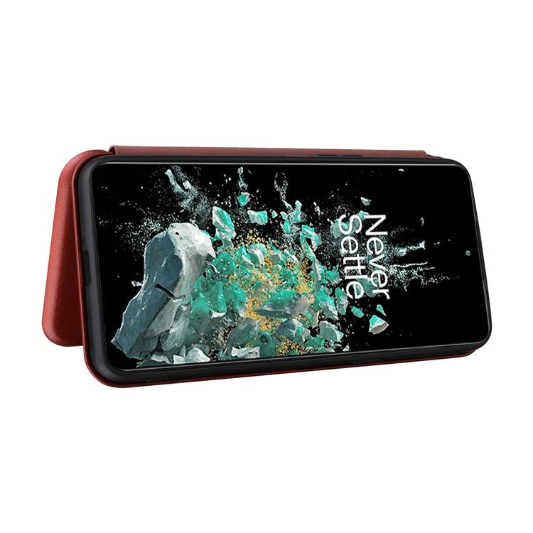 For OnePlus 10T 5G / Ace Pro 5G Carbon Fiber Texture Smartphone Case PU Leather Magnetic Auto-absorbed Stand Card Holder Function Phone Shell - Brown