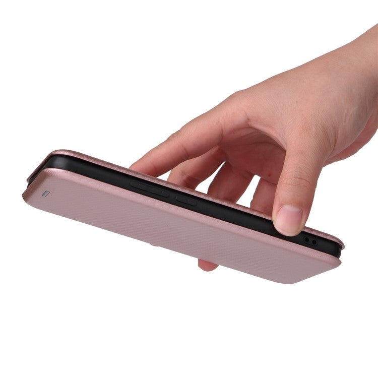 For OnePlus 10T 5G / Ace Pro 5G Carbon Fiber Texture Smartphone Case PU Leather Magnetic Auto-absorbed Stand Card Holder Function Phone Shell - Rose Gold