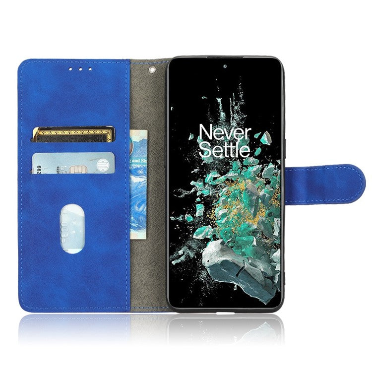 For OnePlus 10T 5G / Ace Pro 5G Wallet Stand Skin-Touch Feeling Phone Case PU Leather Magnetic Clasp Shockproof Cover - Blue