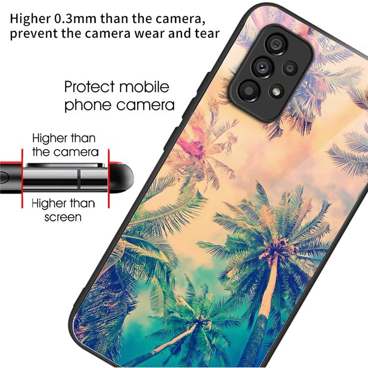 For Samsung Galaxy A53 5G Shockproof Case TPU+Tempered Glass Anti-drop Phone Cover Pattern Printed Scratch Resistant Phone Case - Coconut Tree