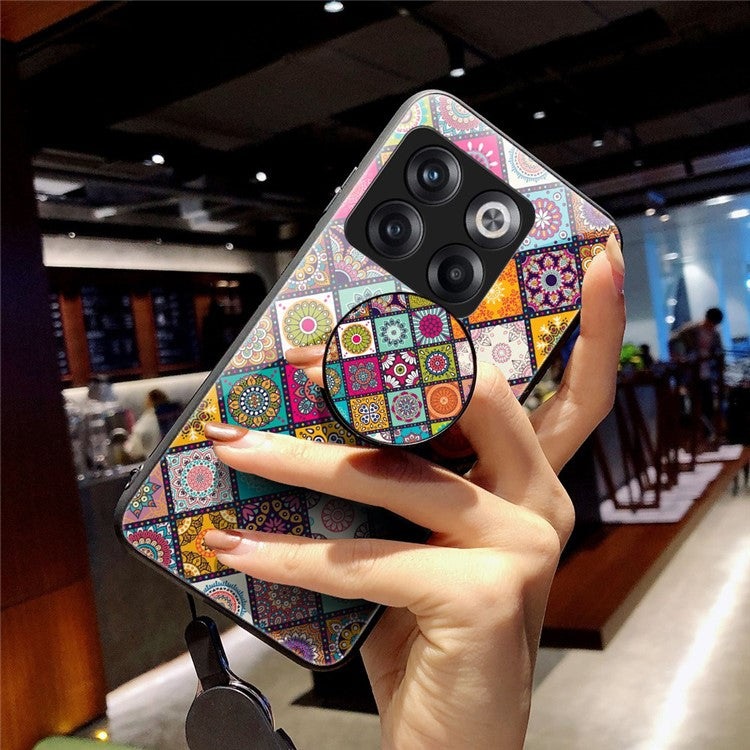 For OnePlus 10T 5G / Ace Pro 5G Flower Pattern Tempered Glass + Hard PC + Soft TPU Hybrid Cover Kickstand Phone Case with Lanyard - Color Pattern
