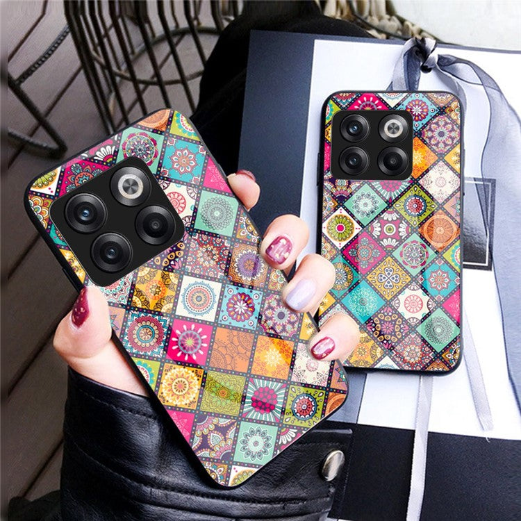 For OnePlus 10T 5G / Ace Pro 5G Flower Pattern Tempered Glass + Hard PC + Soft TPU Hybrid Cover Kickstand Phone Case with Lanyard - Color Pattern