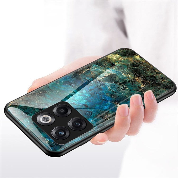 For OnePlus 10T 5G / Ace Pro 5G Fall Resistant Phone Cover Marble Pattern Tempered Glass + PC + TPU Hybrid Case - Emerald Marble