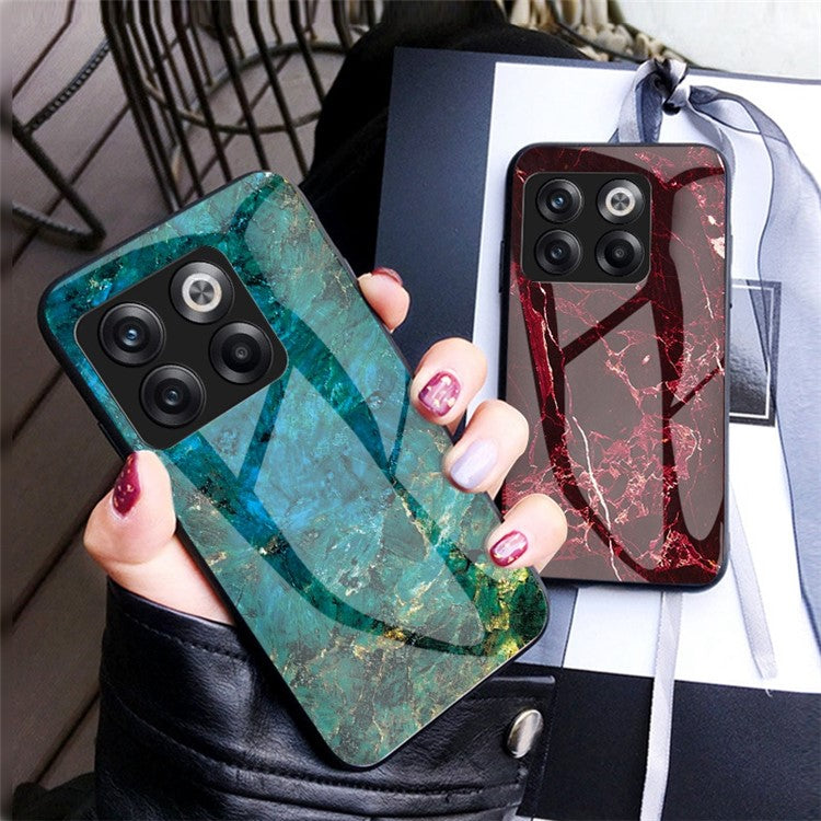 For OnePlus 10T 5G / Ace Pro 5G Fall Resistant Phone Cover Marble Pattern Tempered Glass + PC + TPU Hybrid Case - Emerald Marble