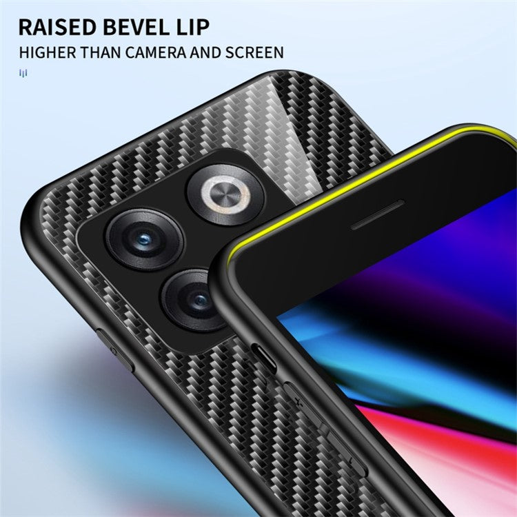 For OnePlus 10T 5G/Ace Pro 5G Carbon Fiber Texture Tempered Glass Case Hard PC Soft TPU Anti-Scratch Shockproof Cover - Golden Fiber