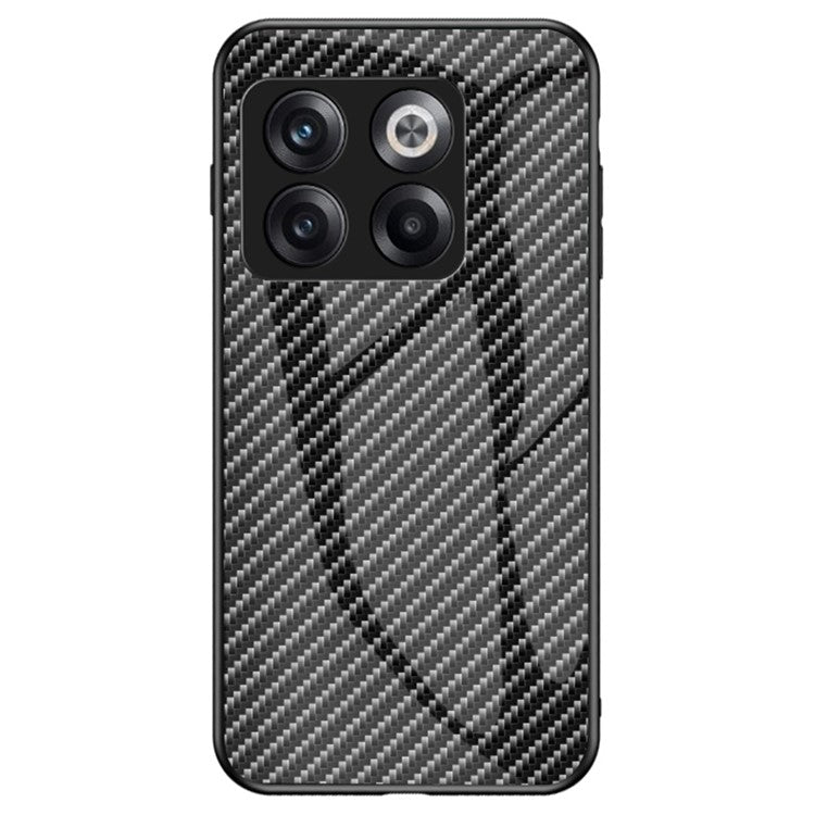 For OnePlus 10T 5G / Ace Pro 5G Carbon Fiber Texture Tempered Glass Case Hard PC Soft TPU Anti-Scratch Shockproof Cover - Black Fiber