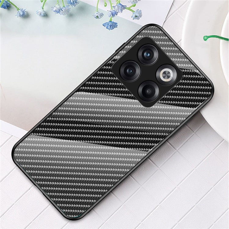 For OnePlus 10T 5G / Ace Pro 5G Carbon Fiber Texture Tempered Glass Case Hard PC Soft TPU Anti-Scratch Shockproof Cover - Black Fiber