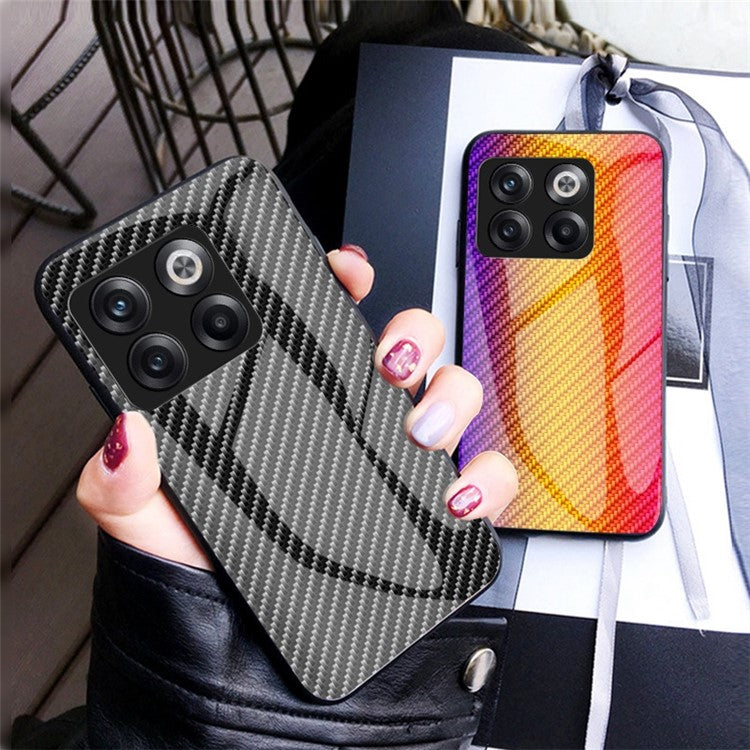 For OnePlus 10T 5G / Ace Pro 5G Carbon Fiber Texture Tempered Glass Case Hard PC Soft TPU Anti-Scratch Shockproof Cover - Black Fiber