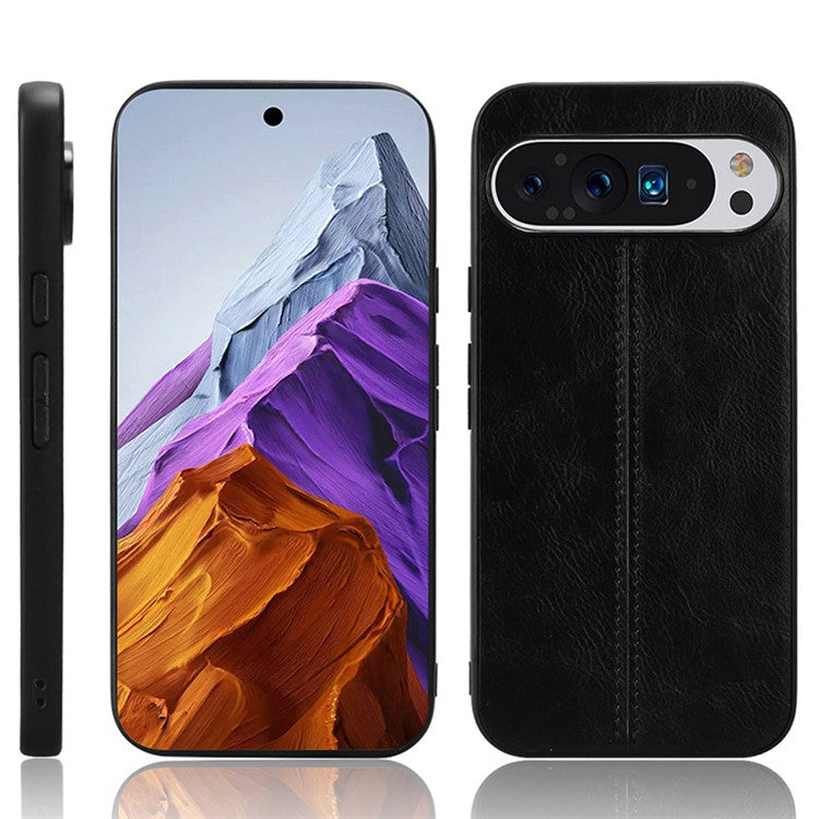 For Google Pixel 9 / Pixel 9 Pro Case Cowhide Texture Leather+TPU+PC Hybrid Phone Cover - Black