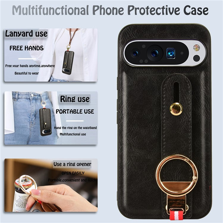 For Google Pixel 9 Pro XL Case Wristband Kickstand Leather+PC+TPU Phone Cover Bottle Opener - Black