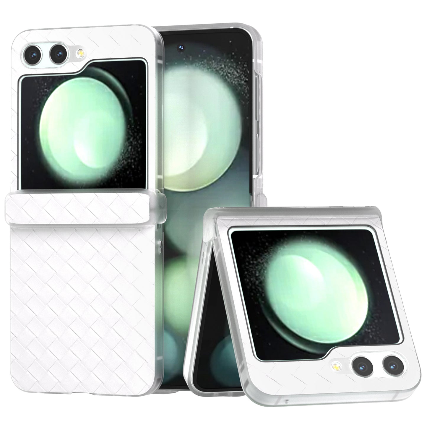 For Samsung Galaxy Z Flip6 5G Case Woven Texture Hinge Protection Leather+PC Folding Phone Cover - White