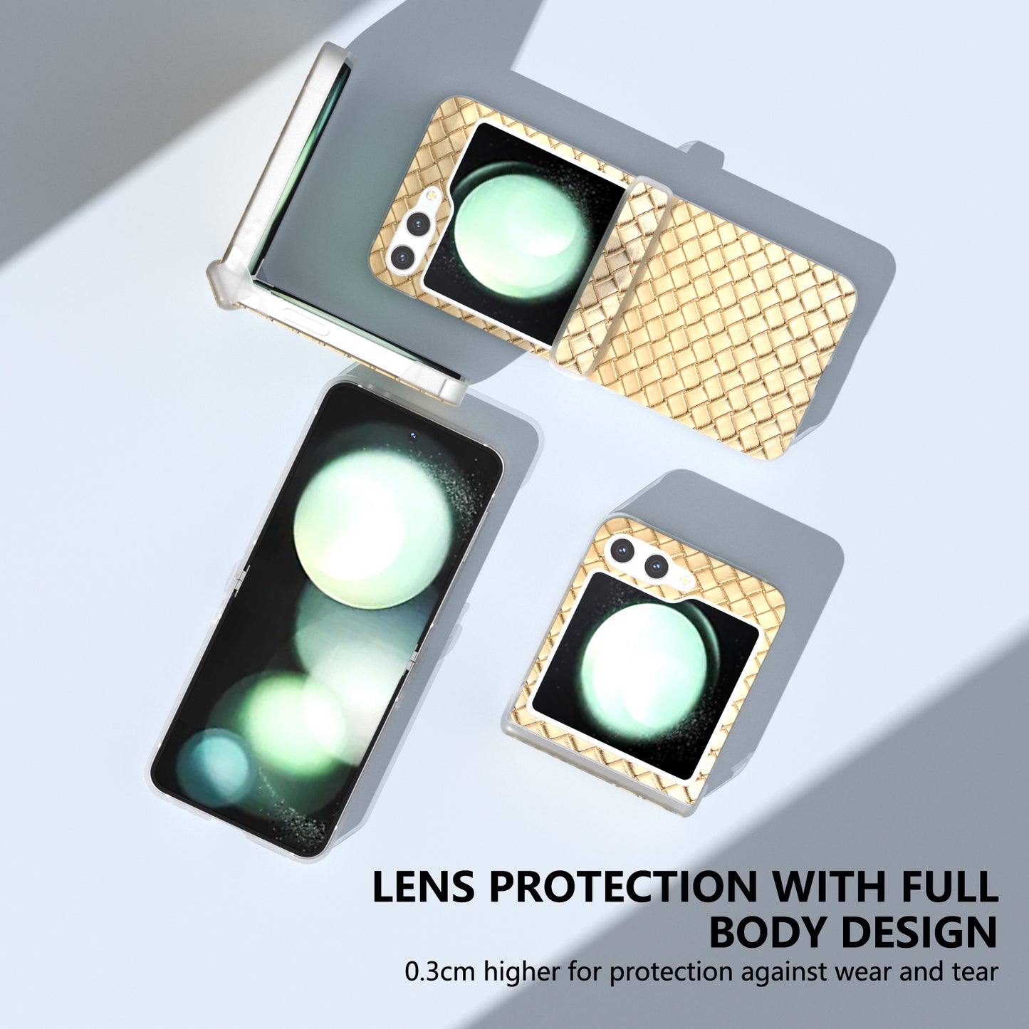 For Samsung Galaxy Z Flip6 5G Case Woven Texture Hinge Protection Leather+PC Folding Phone Cover - Gold